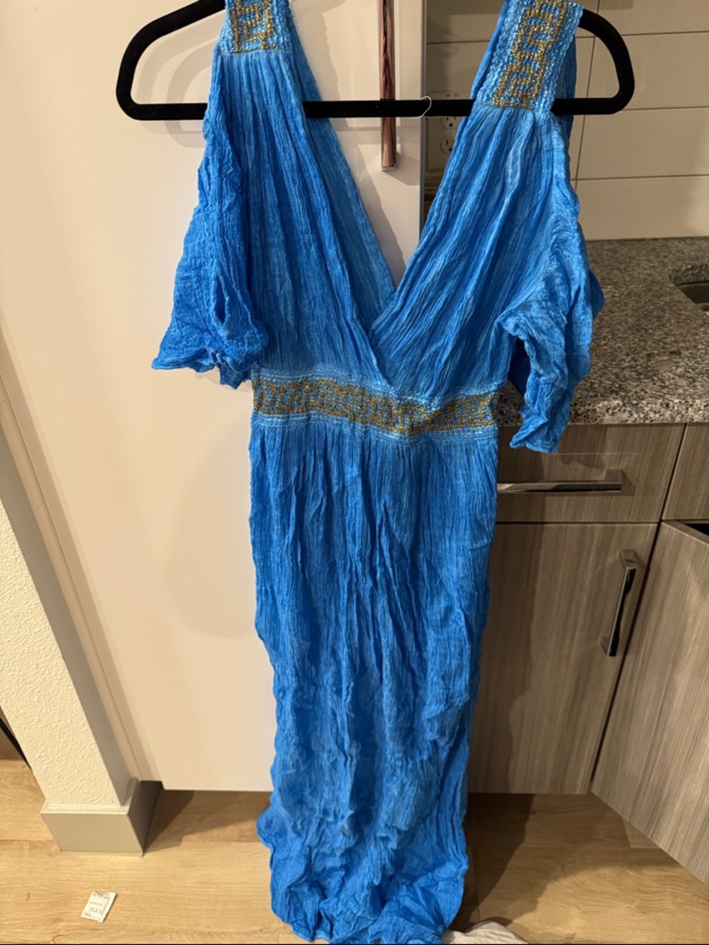 Blue V-Neck Embroidered Waist Maxi Dress